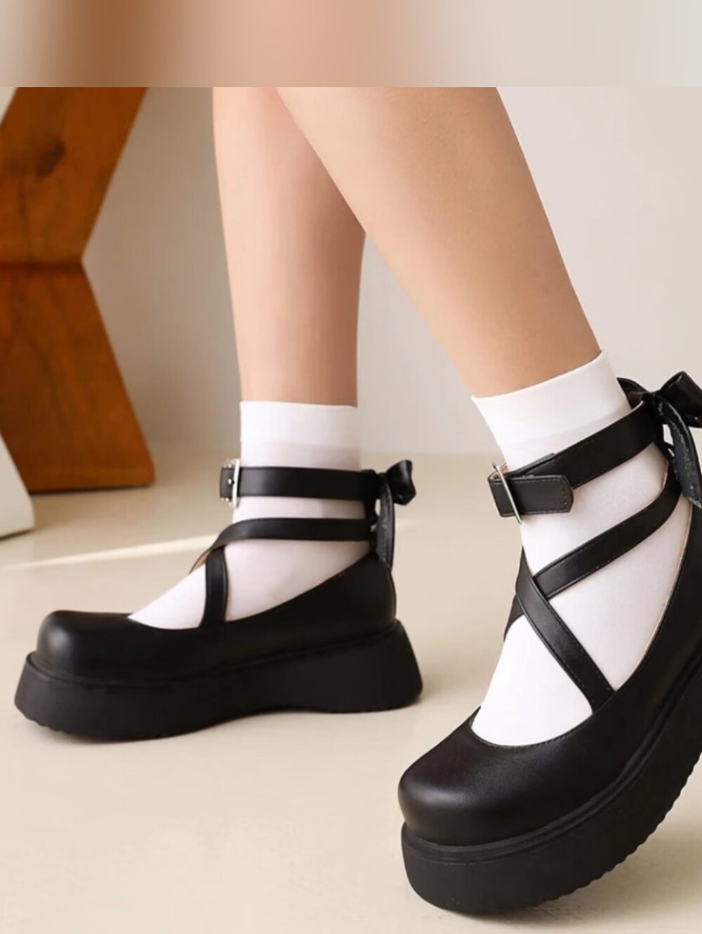 Angelic Imprint Platform Mary Janes with Bow Sz. 36 EU /5.5-6 US. Black